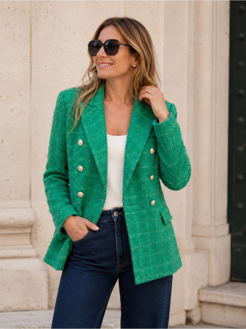 Zara Emerald Green Textured Tweed Double Breasted Blazer Gold Buttons S